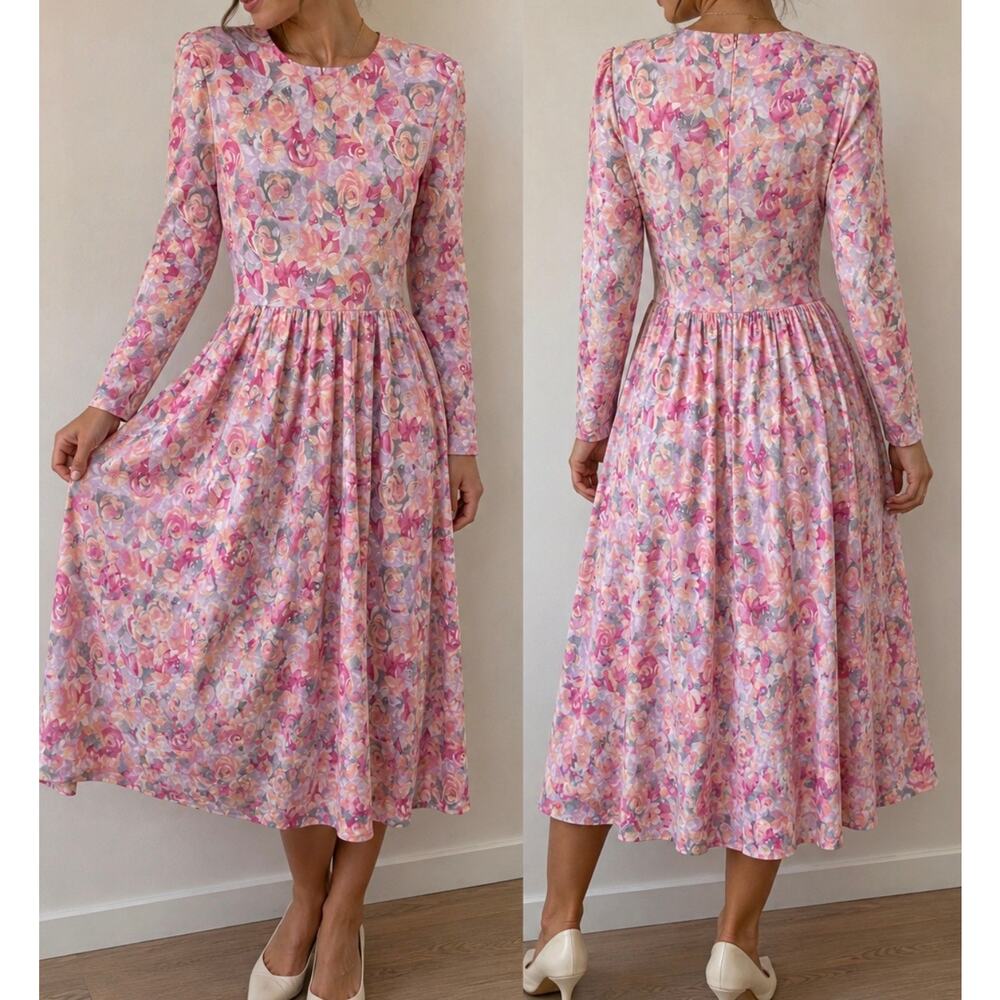 Vintage Timely Trends Floral Dress Pink Cottagecore USA Made Size 7